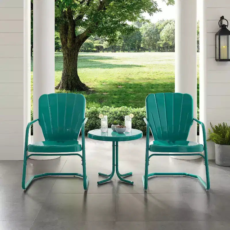 Set da esterno 3 pezzi Ridgeland – Turchese – Crosley: Sedie in stile vintage e tavolino in metallo