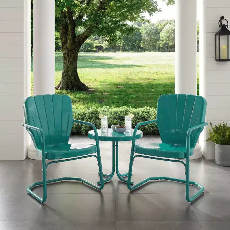 Set da esterno 3 pezzi Ridgeland – Turchese – Crosley: Sedie in stile vintage e tavolino in metallo