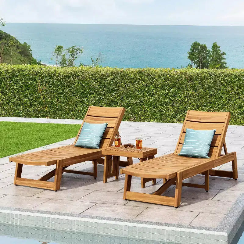 Set lounge Kyoto a 3 pezzi per esterni in legno di acacia: regolabile, resistente all'acqua - Christopher Knight Home