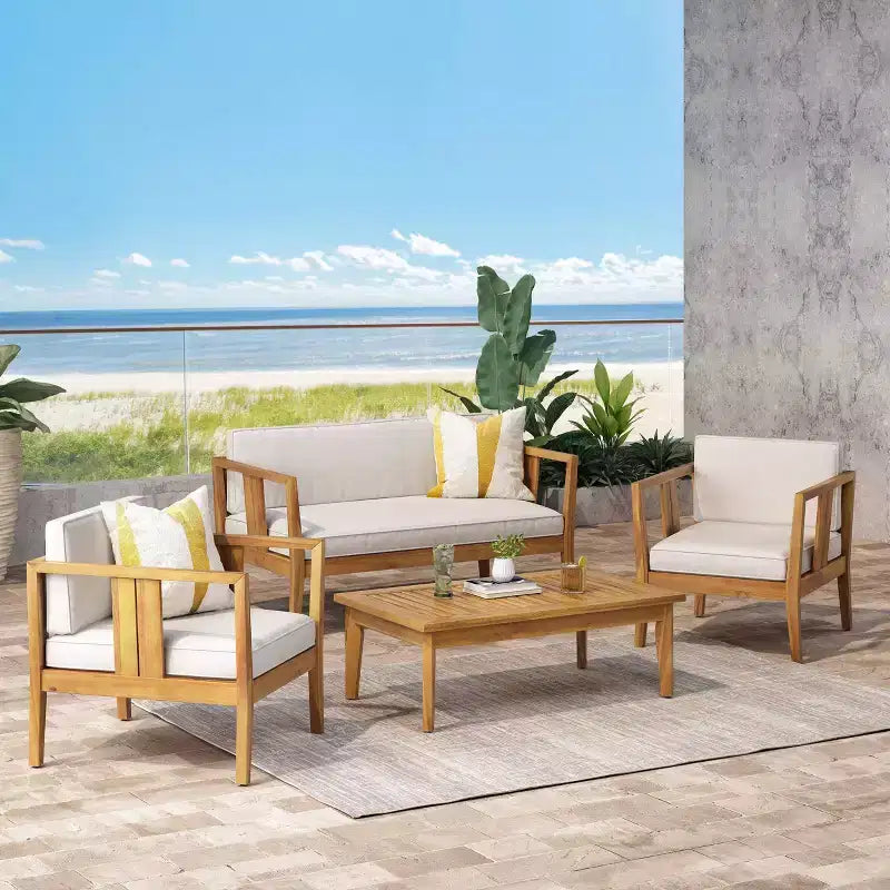 Nicholson Outdoor Salotto da 4 Posti in Legno di Acacia - Teak/Beige - Christopher Knight Home: Set da Conversazione per Patio con Cuscini e Tavolino