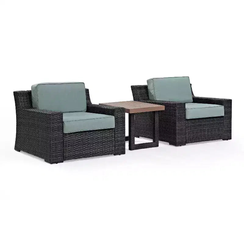 Set da 3 pezzi da esterno in vimini Beaufort con tavolino laterale - Mist - Crosley: Salotto da patio resistente alle intemperie e ai raggi UV