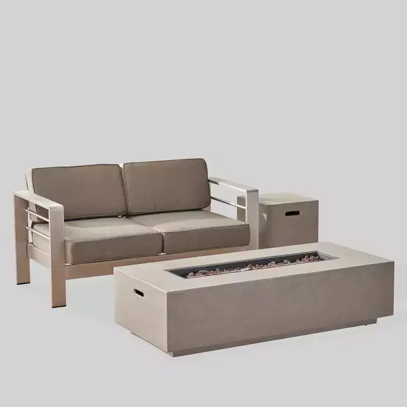 Cape Coral Set tavolo da fuoco da 3 pezzi in alluminio e MGO rettangolare - Grigio chiaro - Christopher Knight Home