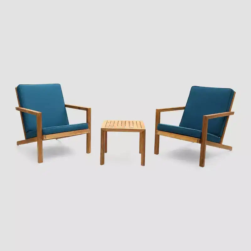 Set da conversazione Leah 3 pezzi in legno di acacia: Sedie da esterno con cuscini - Christopher Knight Home