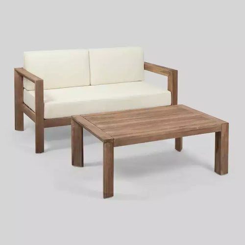 Set da 2 pezzi Genser Divanetto da esterno in legno e tavolino da caffè marrone - Christopher Knight Home: Set da esterno in acacia con cuscini
