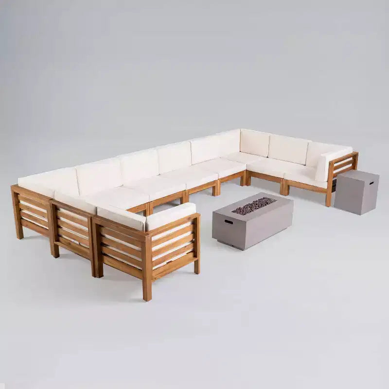 Set Divano Sezionale a U Oana 12 pz in Acacia con Focolare - Teak/Beige e Grigio Chiaro - Christopher Knight Home