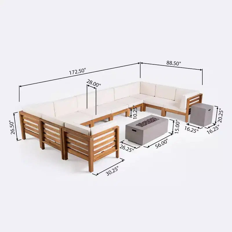 Set Divano Sezionale a U Oana 12 pz in Acacia con Focolare - Teak/Beige e Grigio Chiaro - Christopher Knight Home