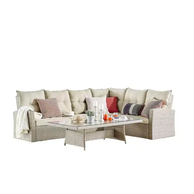 Canaan Set Divano Angolare da Esterno in Vimini 2 Pezzi Crema - Alaterre Furniture: Resistente alle Intemperie con Tavolino da Caffè