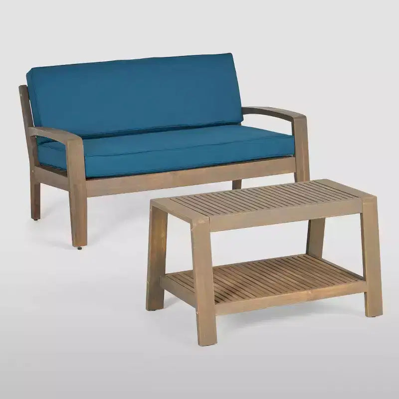 Set da conversazione per patio in legno di acacia 2 pz Grenada Grigio: resistente alle intemperie con cuscini - Christopher Knight Home