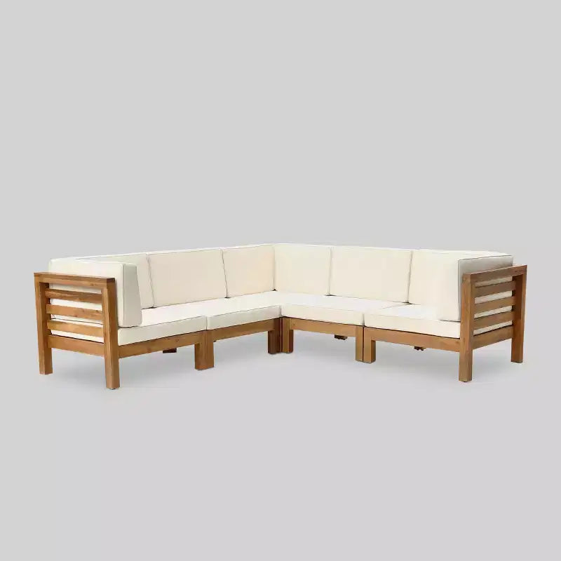 Oana Set Divano Sezionale a 5 Pezzi in Legno di Acacia a V Teak/Beige - Christopher Knight Home: Resistente alle Intemperie, Design Contemporaneo