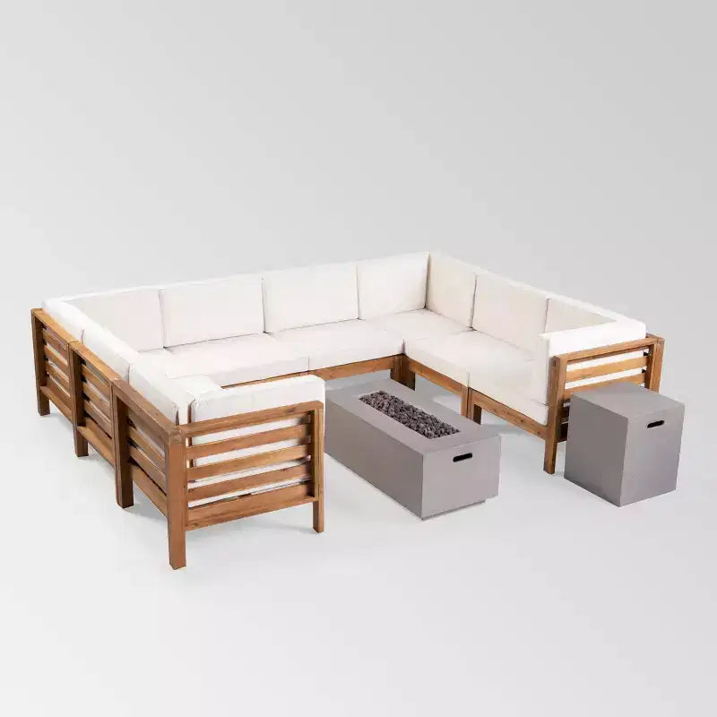 Divano Sezionale a U 10 Pezzi Oana in Legno di Acacia con Set Focolare - Teak/Beige - Christopher Knight Home: Seduta Modulare da Esterno