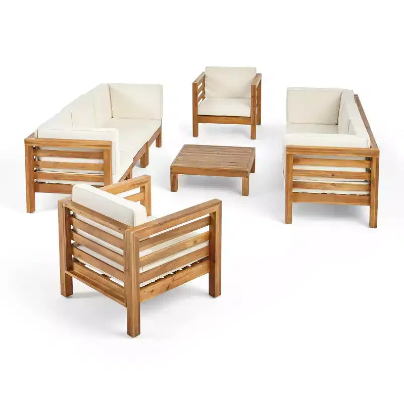 Oana Set Divano e Poltrona Club 9 pz in Legno di Acacia Teak/Beige - Christopher Knight Home: Sezionale Modulare da Esterno, Resistente alle Intemperie