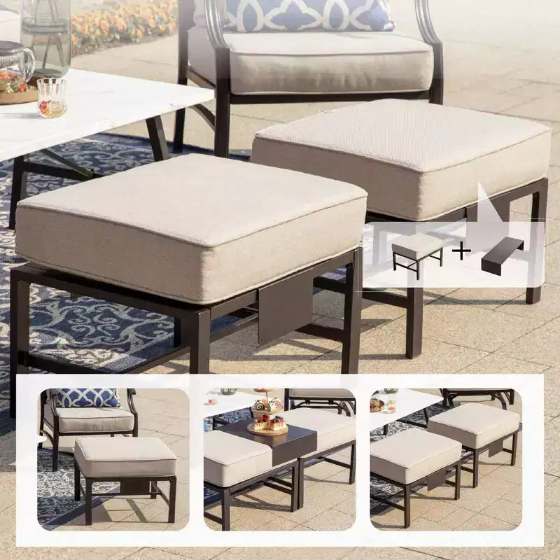Captiva Designs Set da conversazione da esterno 5 pezzi XL in metallo con sedie girevoli e pouf beige: struttura in acciaio, resistente alla ruggine e all'acqua