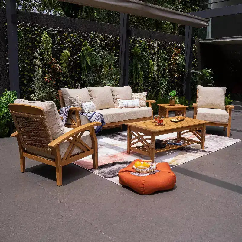 Set da conversazione per esterni Sonoma Lane Eola 5 pezzi in teak con cuscini marrone chiaro con cerniera – Resistente alle intemperie