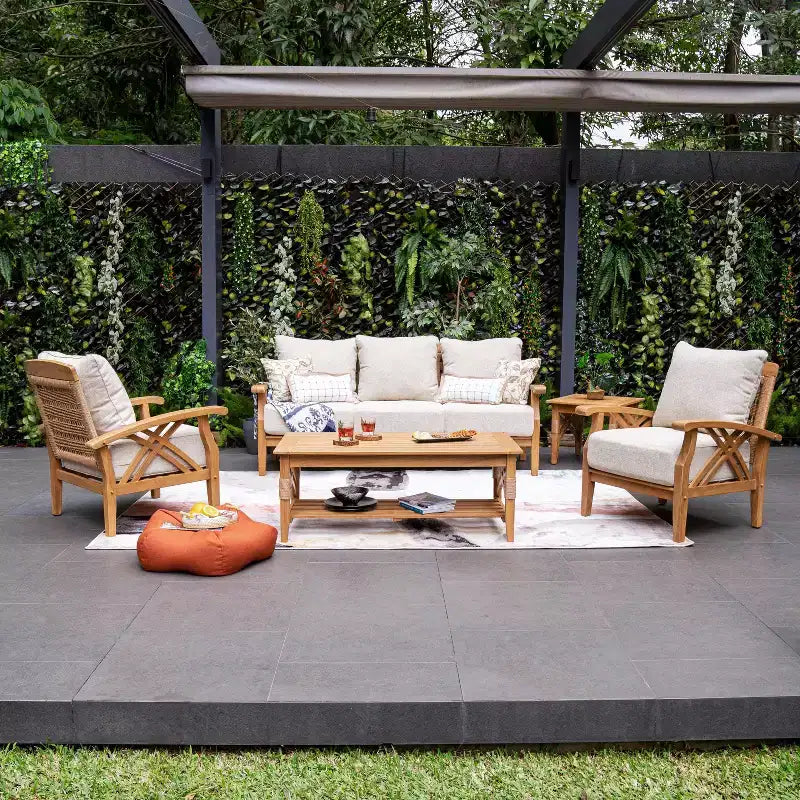 Set da conversazione per esterni Sonoma Lane Eola 5 pezzi in teak con cuscini marrone chiaro con cerniera – Resistente alle intemperie