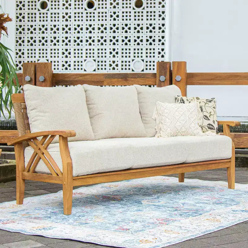 Set da conversazione per esterni Sonoma Lane Eola 5 pezzi in teak con cuscini marrone chiaro con cerniera – Resistente alle intemperie