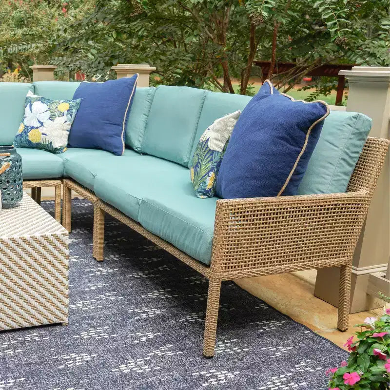 Divano Sezionale Leisure Made Riviera 5 pz in Vimini con Tessuto Blu Spa