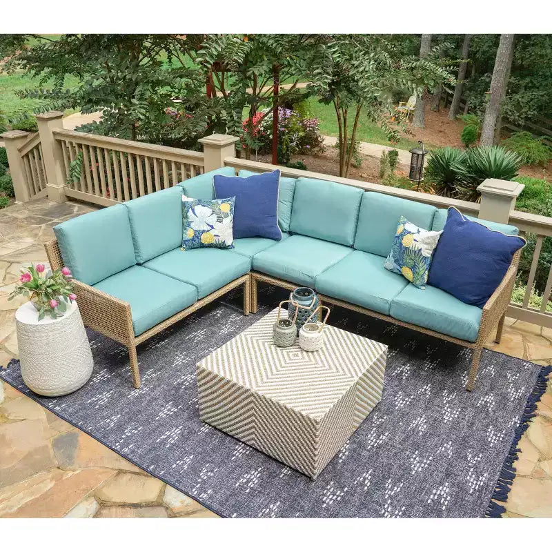 Divano Sezionale Leisure Made Riviera 5 pz in Vimini con Tessuto Blu Spa