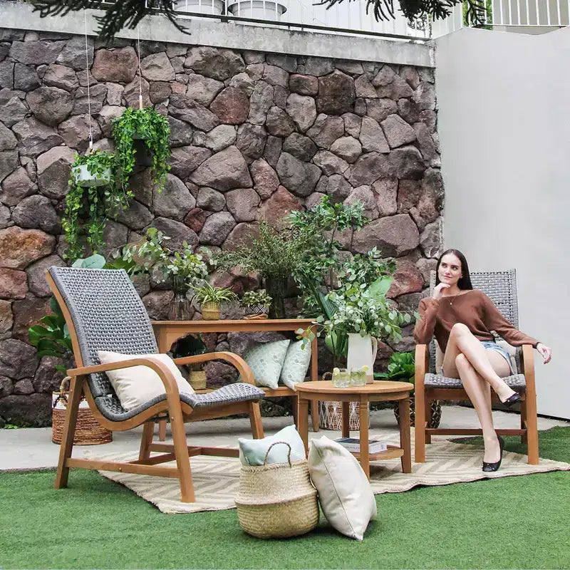 Set da conversazione per esterni in 3 pezzi Sonoma Lane Sheldon in teak con cuscini lombari – Resistente alle intemperie, realizzato in polyrope, telaio in teak massiccio