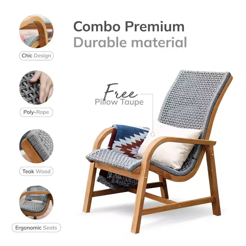 Set da conversazione per esterni in 3 pezzi Sonoma Lane Sheldon in teak con cuscini lombari – Resistente alle intemperie, realizzato in polyrope, telaio in teak massiccio