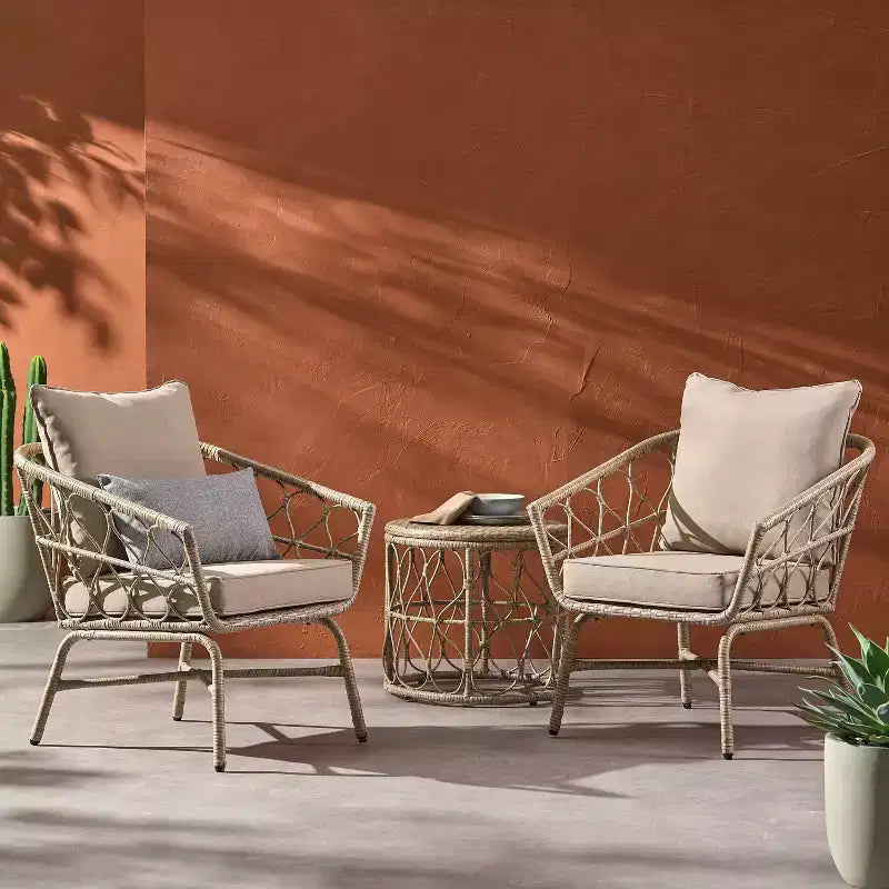 Set Salotto da Giardino 3 Pezzi Bruce in Vimini con Cuscini Marrone Chiaro/Beige - Christopher Knight Home: Rattan PE, Resistente ai Raggi UV e Agli Agenti Atmosferici