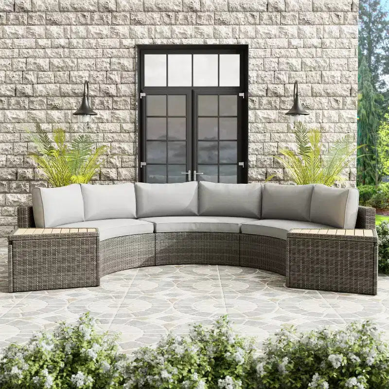 Greemotion Set 5 Pezzi di Mobili da Esterno Curvi Barbuda con Tavoli Contenitori in Legno Teak Marrone: Set da Patio Anti-UV, Antiruggine