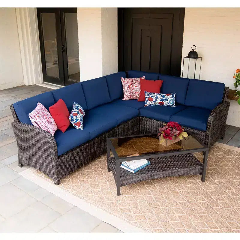 Divano componibile Leisure Made Jackson 5 pezzi in vimini con tessuto blu marino