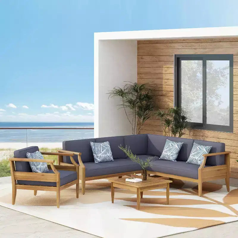 Set Sezionale da Esterno Aston da 5 Pezzi in Legno di Acacia Stile Moderno Mid-Century con Poltrona Club Teak//Grigio Scuro - Christopher Knight Home