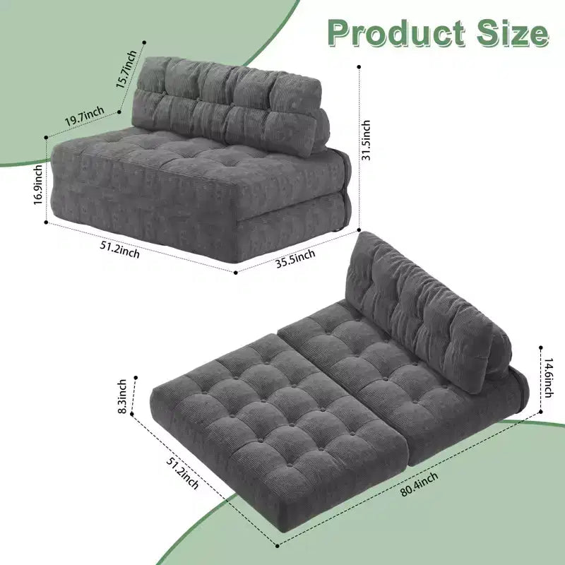 Zusammenklappbares Cord-Schlafsofa als Futon in Full-Größe, umwandelbarer Bodenschlafsessel mit Kissen und Rückenstütze