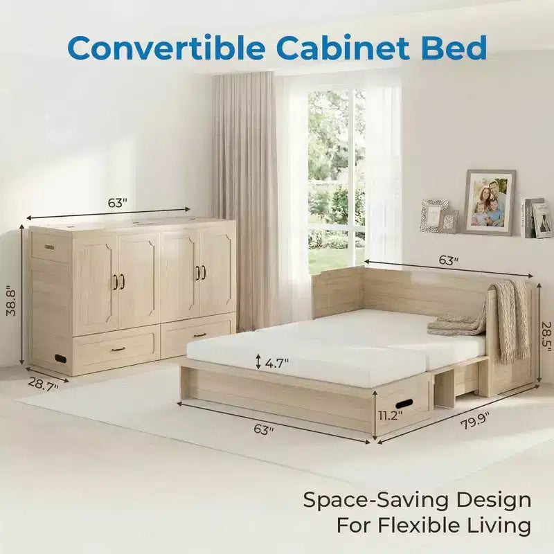 Letto armadio trasformabile Murphy Queen Size Mjkone con materasso, ricarica USB e cassetti contenitori