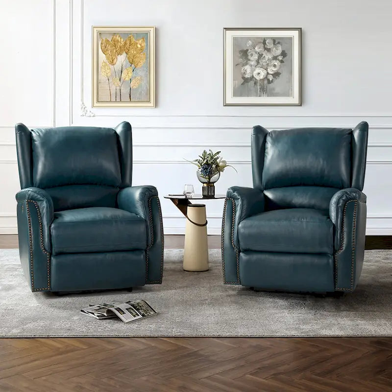 Poltrona relax elettrica in vera pelle con porta USB - Set di 2 con schienale a orecchioni e borchie