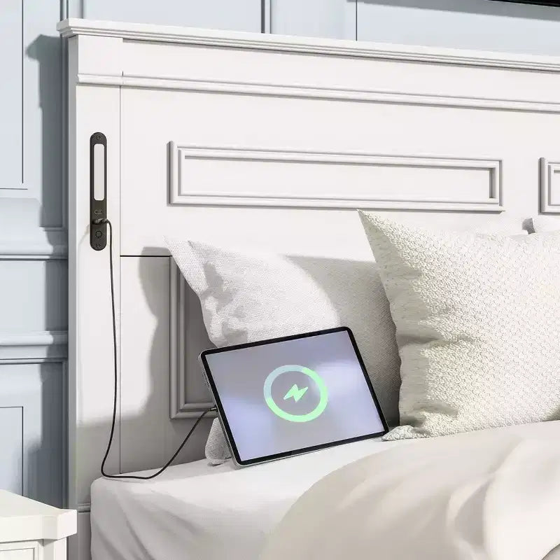 ModernLuxe Queen/King Size Platform Bed with Tall Headboard, Rustic Wood Bed Frame with 2 Drawers, LED Lights & USB Ports