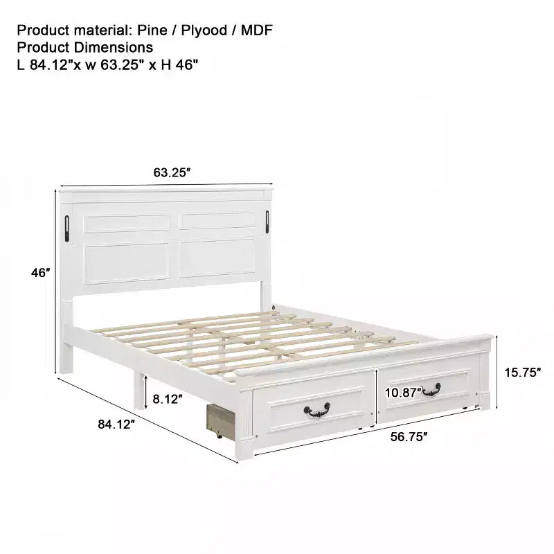 ModernLuxe Queen/King Size Platform Bed with Tall Headboard, Rustic Wood Bed Frame with 2 Drawers, LED Lights & USB Ports