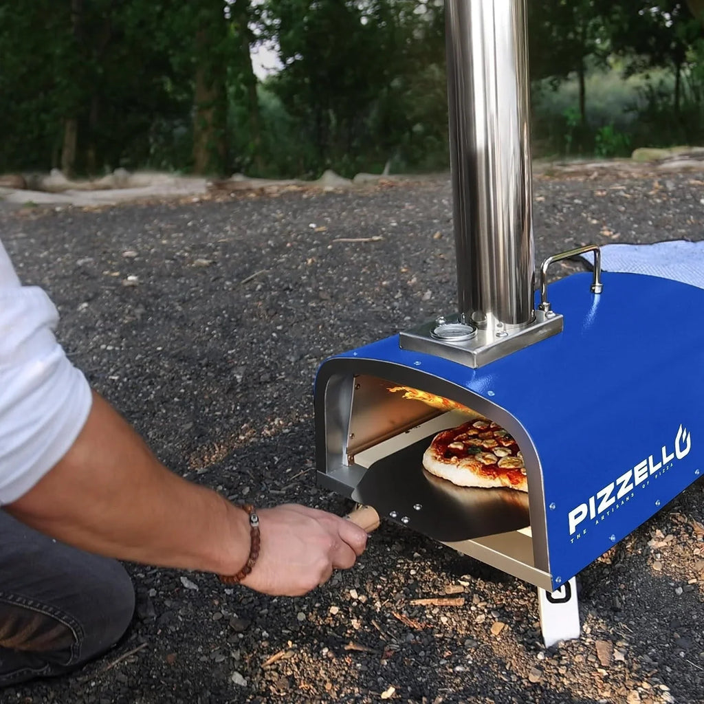 Forn tal-pizza ta’ barra b’diversi fjuwils, apparat għall-pizza moħmija fuq il-ġebel b’berner tal-gass u kaxxa għall-injam - 12-il pulzier