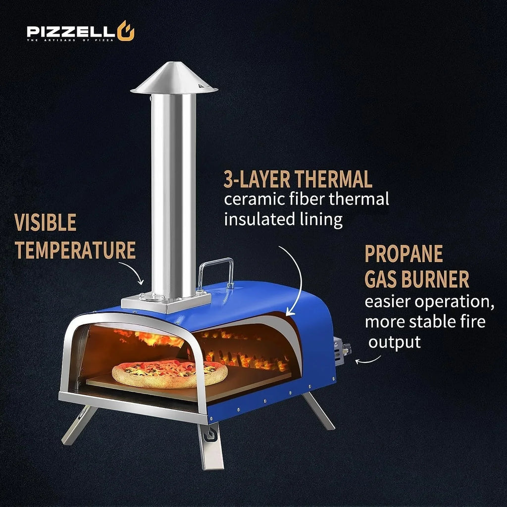Forn tal-pizza ta’ barra b’diversi fjuwils, apparat għall-pizza moħmija fuq il-ġebel b’berner tal-gass u kaxxa għall-injam - 12-il pulzier