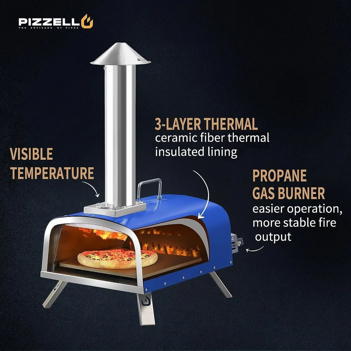Forn tal-pizza ta’ barra b’diversi fjuwils, apparat għall-pizza moħmija fuq il-ġebel b’berner tal-gass u kaxxa għall-injam - 12-il pulzier