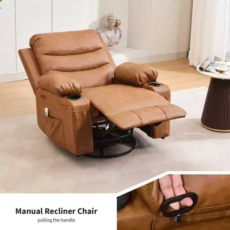 Siġġu recliner kbir li jdur 360 u jitbandal, bil-massaġġi u s-sħana - siġġu ergonomiku għar-rilassament b'holders għat-tazzi u bwiet tal-ġenb għall-kamra tal-għixien u l-mixtla