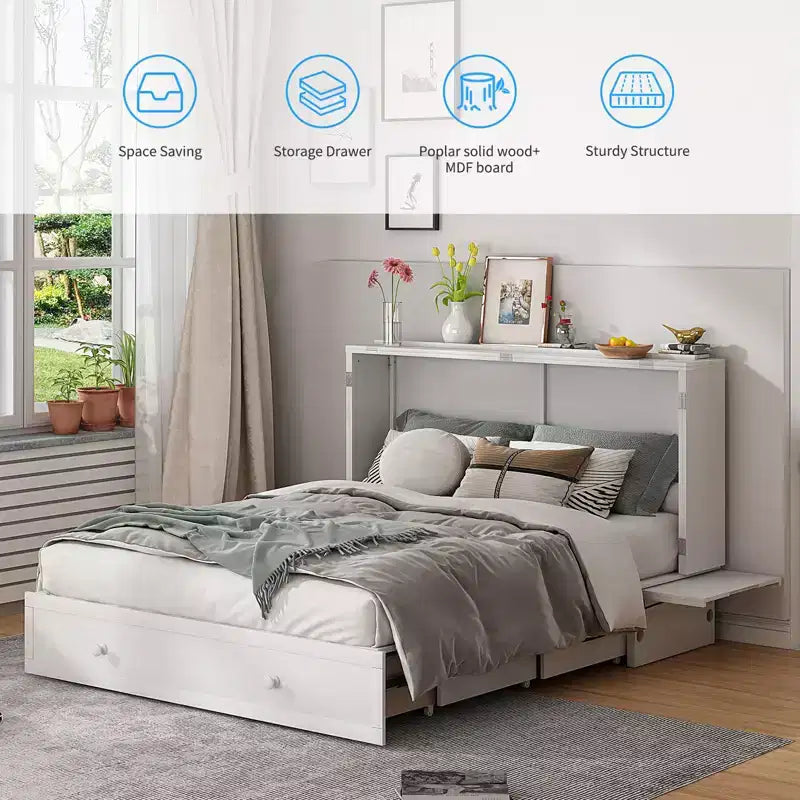 Letto a scomparsa queen Mjkone, letto a cubo con armadio contenitore, stazione di ricarica e spazio portaoggetti