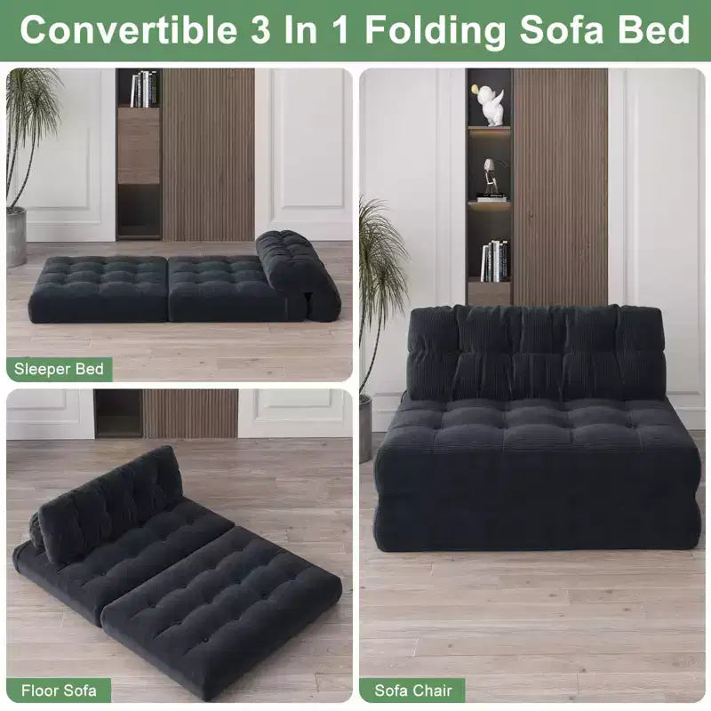 Zusammenklappbares Cord-Schlafsofa als Futon in Full-Größe, umwandelbarer Bodenschlafsessel mit Kissen und Rückenstütze
