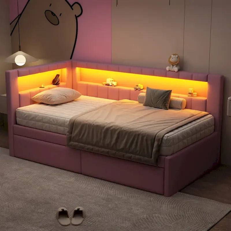 Тапицирано платформено легло с USB портове и LED осветление - рамка за легло Full/Twin с 2 чекмеджета за съхранение - модерна спалня