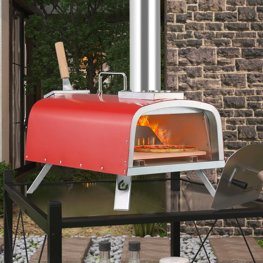 Forn tal-pizza ta’ barra b’diversi fjuwils, apparat għall-pizza moħmija fuq il-ġebel b’berner tal-gass u kaxxa għall-injam - 12-il pulzier
