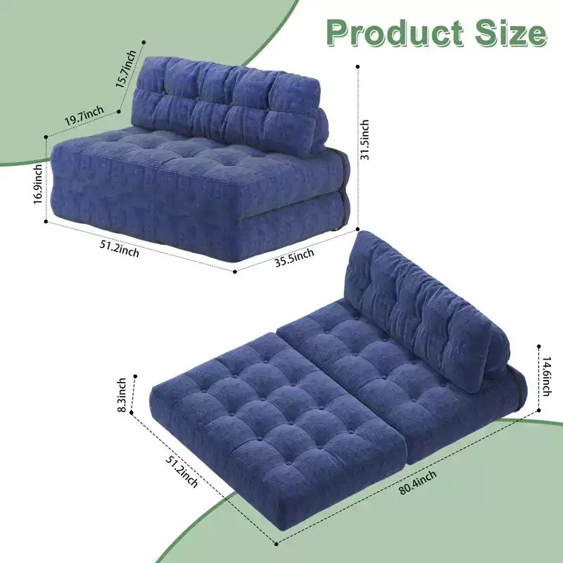 Zusammenklappbares Cord-Schlafsofa als Futon in Full-Größe, umwandelbarer Bodenschlafsessel mit Kissen und Rückenstütze