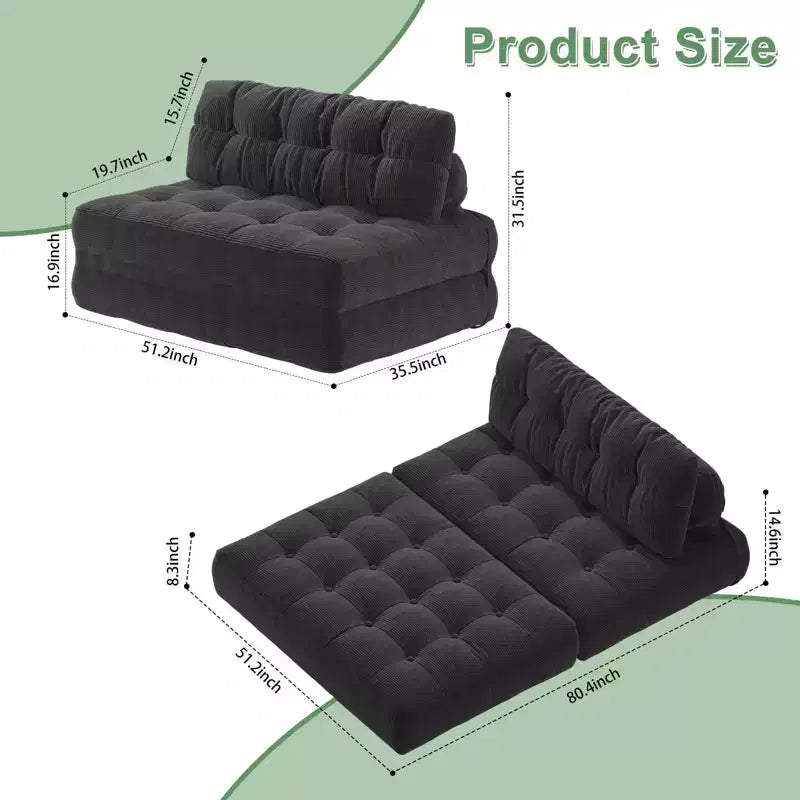 Zusammenklappbares Cord-Schlafsofa als Futon in Full-Größe, umwandelbarer Bodenschlafsessel mit Kissen und Rückenstütze