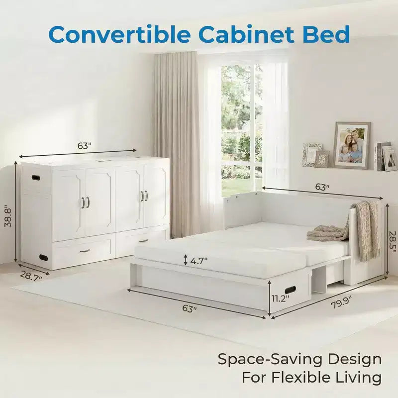 Letto armadio trasformabile Murphy Queen Size Mjkone con materasso, ricarica USB e cassetti contenitori