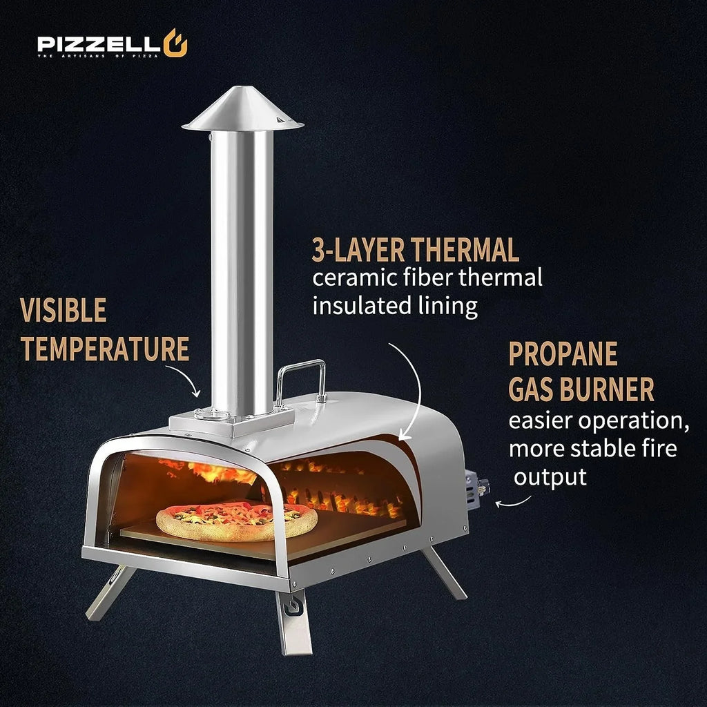 Forn tal-pizza ta’ barra b’diversi fjuwils, apparat għall-pizza moħmija fuq il-ġebel b’berner tal-gass u kaxxa għall-injam - 12-il pulzier