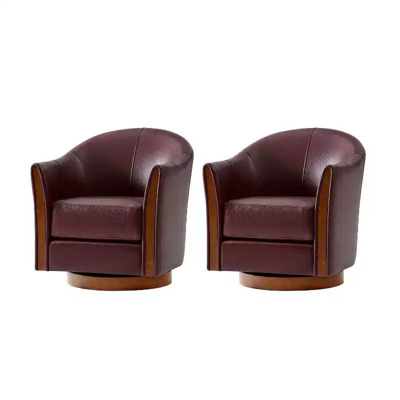 Pocono Transitional Genuine Leather Swivel Barrel Chair With Solid Wood Base Set of 2Artful Living Design