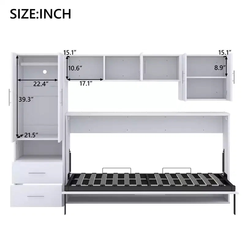 Letto a scomparsa matrimoniale, Struttura letto a parete in legno con armadio integrato, cassetti e ripiani aperti, bianco - ModernLuxe