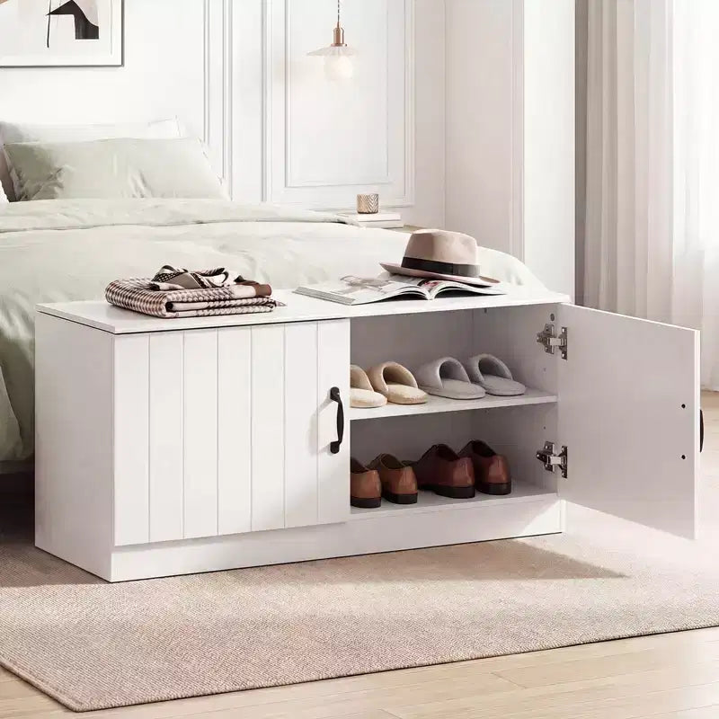 2-Door Shoe Bench wirh Adjustable Shelves Hidden Storage Space Natural + White/Whi5te