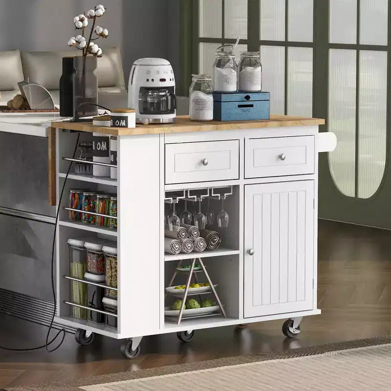 Movable Kitchen Island with Power Outlet, Drop Leaf and Rubber Wood Top