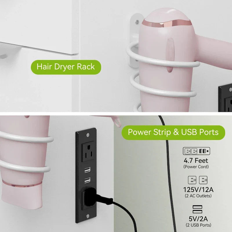 Moasis 46 Vanity With Built-in Socket With Illuminated Mirror and Hair Dryer Rack - 55.8  H X 46  W X 11.7  D