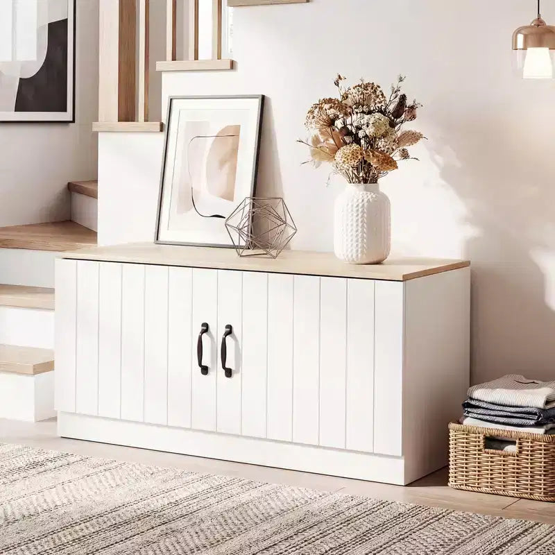 2-Door Shoe Bench wirh Adjustable Shelves Hidden Storage Space Natural + White/Whi5te